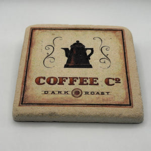 Vintage coffee-themed artwork printed on square travertine stone coaster