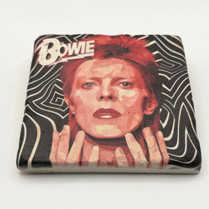 David Bowie artwork printed on square travertine stone coaster
