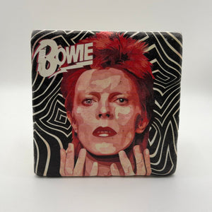David Bowie artwork printed on square travertine stone coaster
