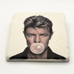 David Bowie artwork printed on square travertine stone coaster
