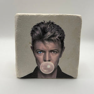 David Bowie artwork printed on square travertine stone coaster