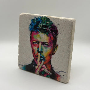 David Bowie artwork printed on square travertine stone coaster