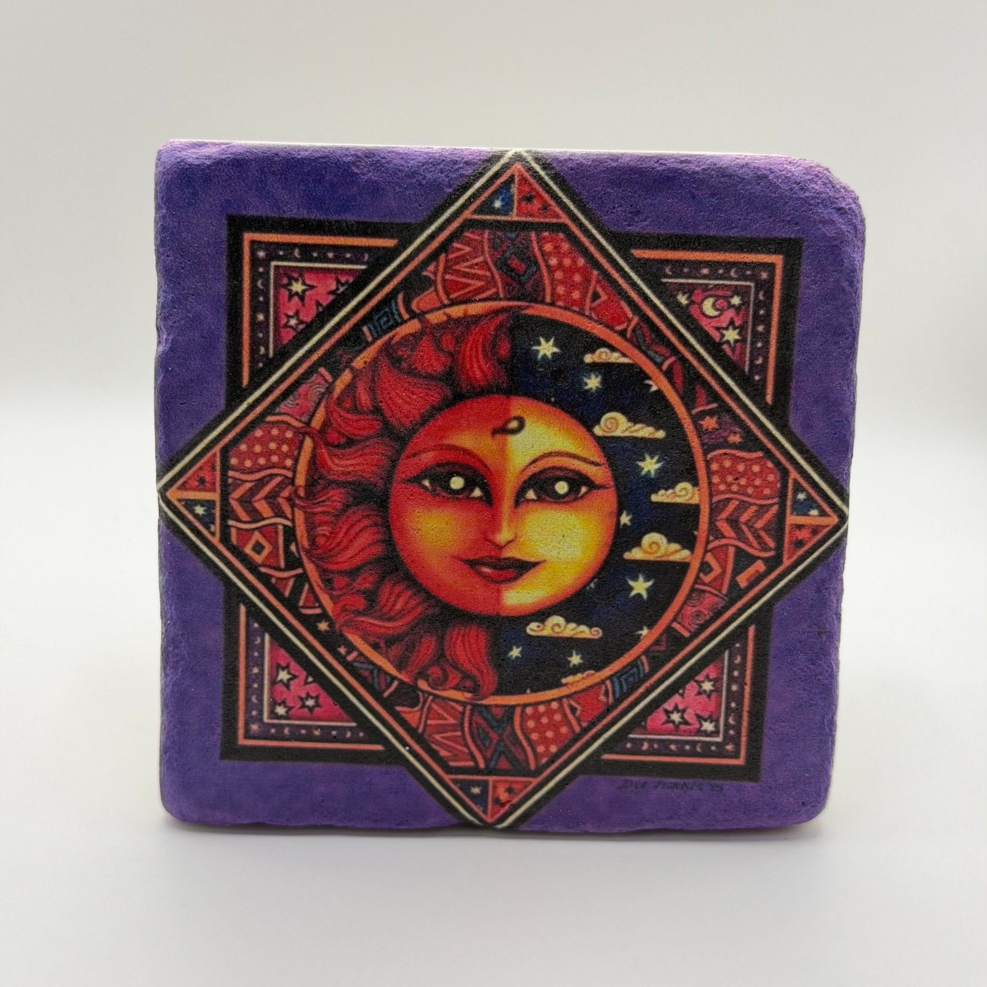 Daybreak artwork printed on square travertine stone coaster