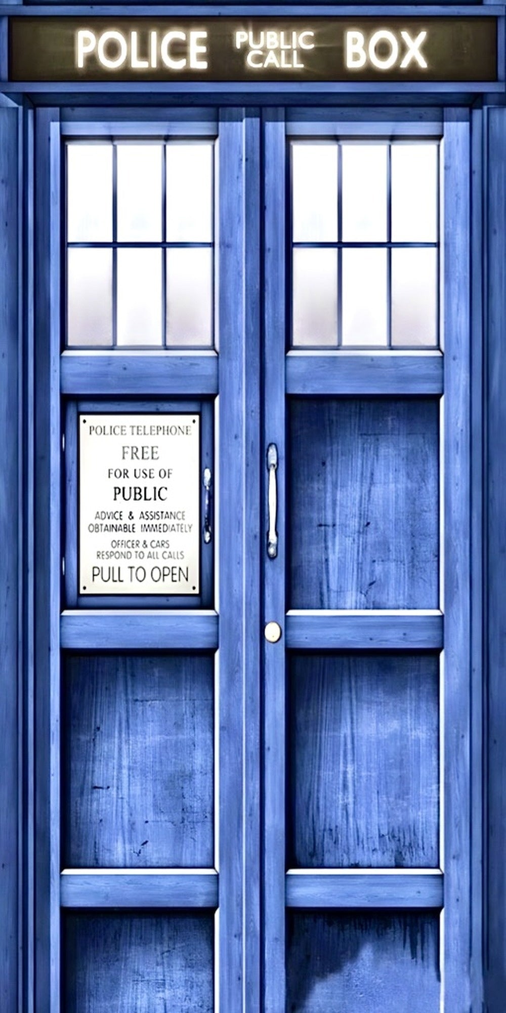 Doctor Who Tardis Police Box door design displayed as a decorative MDF wall sign