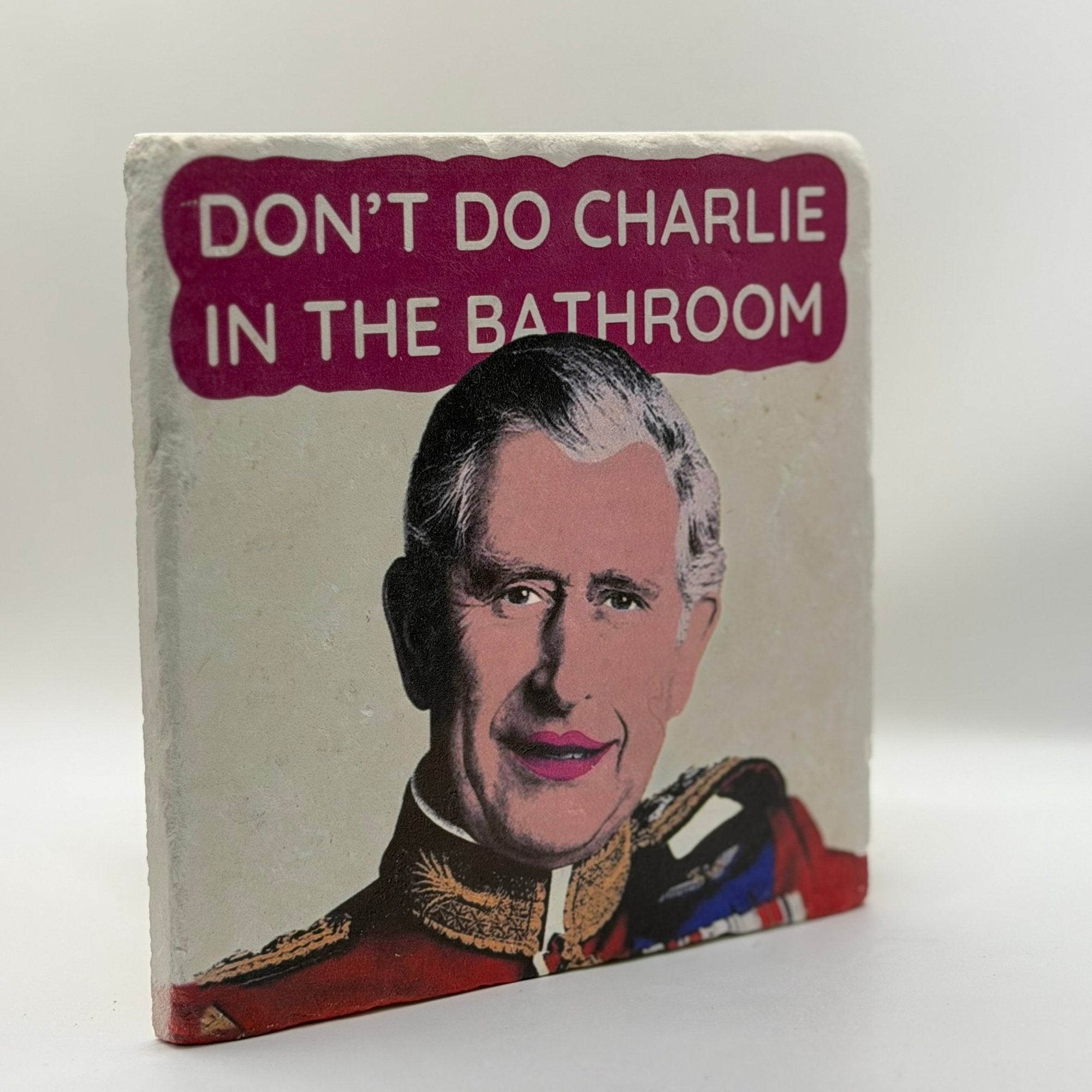 Dont Do Charlie In The Bathroom Natural Travertine Stone Hotpad artwork