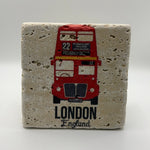 London Double Deck Bus artwork printed on square travertine stone coaster