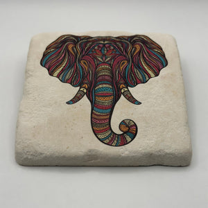 Cute elephant artwork printed on square travertine stone coaster