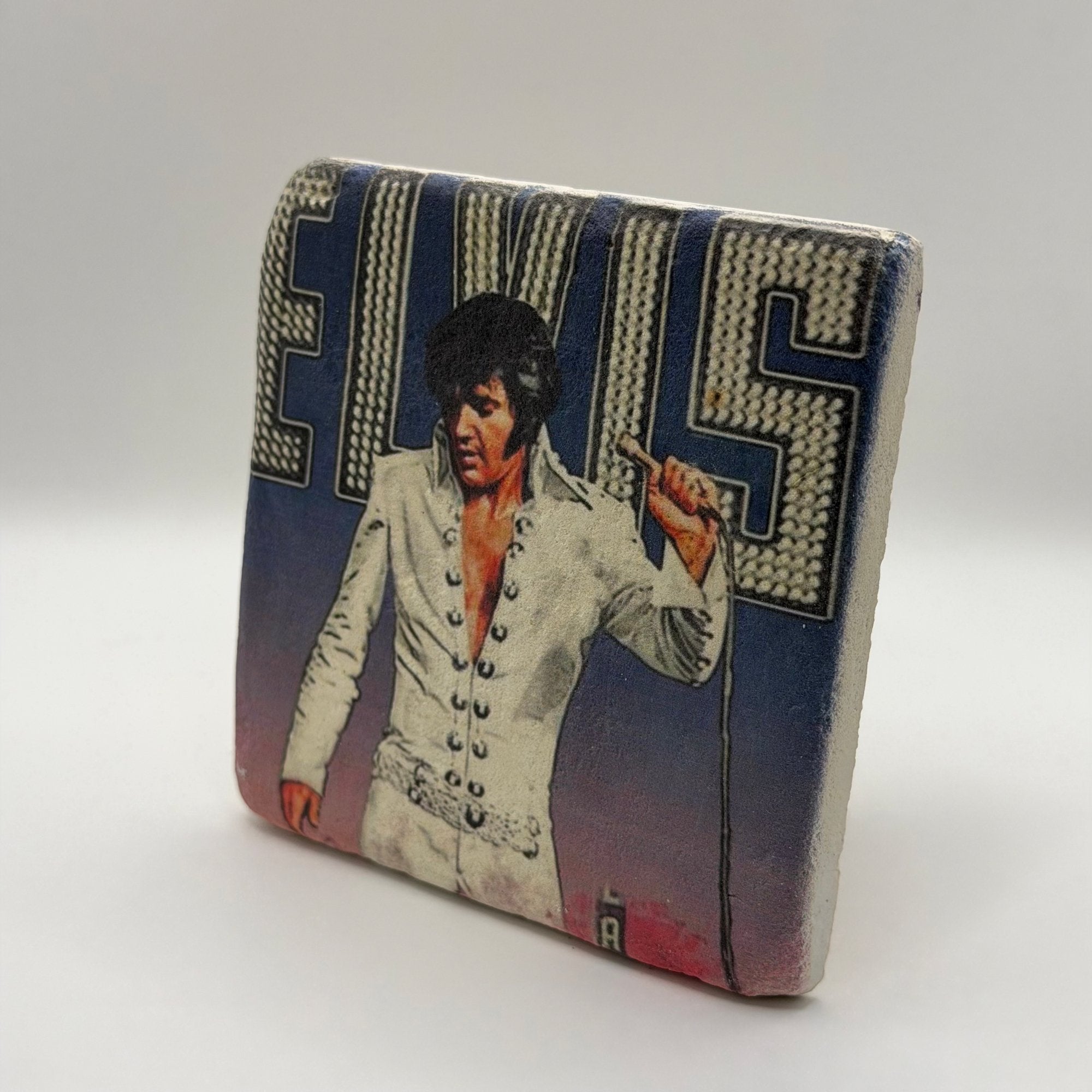 Elvis Presley artwork printed on square travertine stone coaster