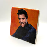Elvis Presley portrait printed on square travertine stone coaster