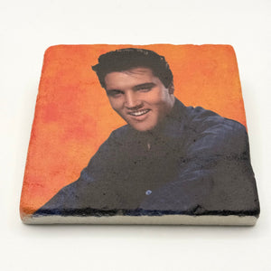 Elvis Presley portrait printed on square travertine stone coaster