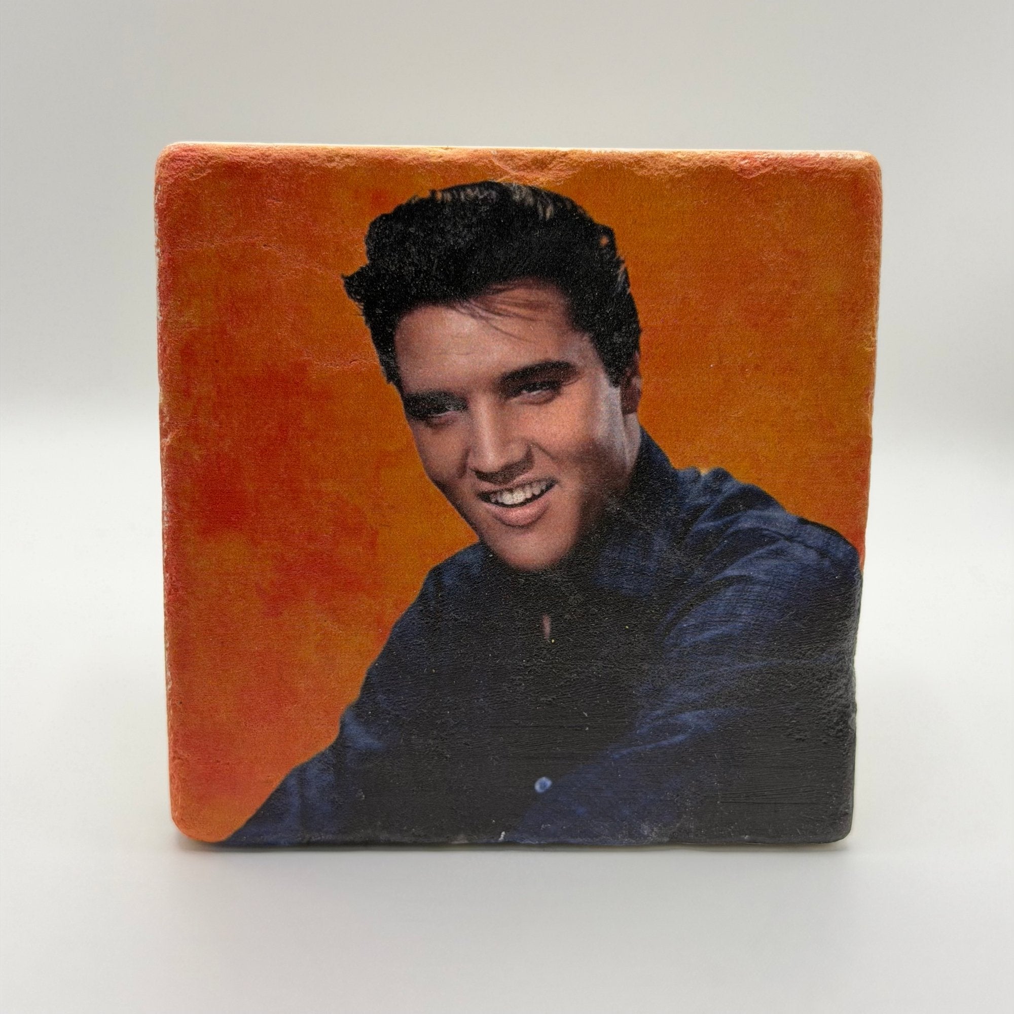 Elvis Presley portrait printed on square travertine stone coaster