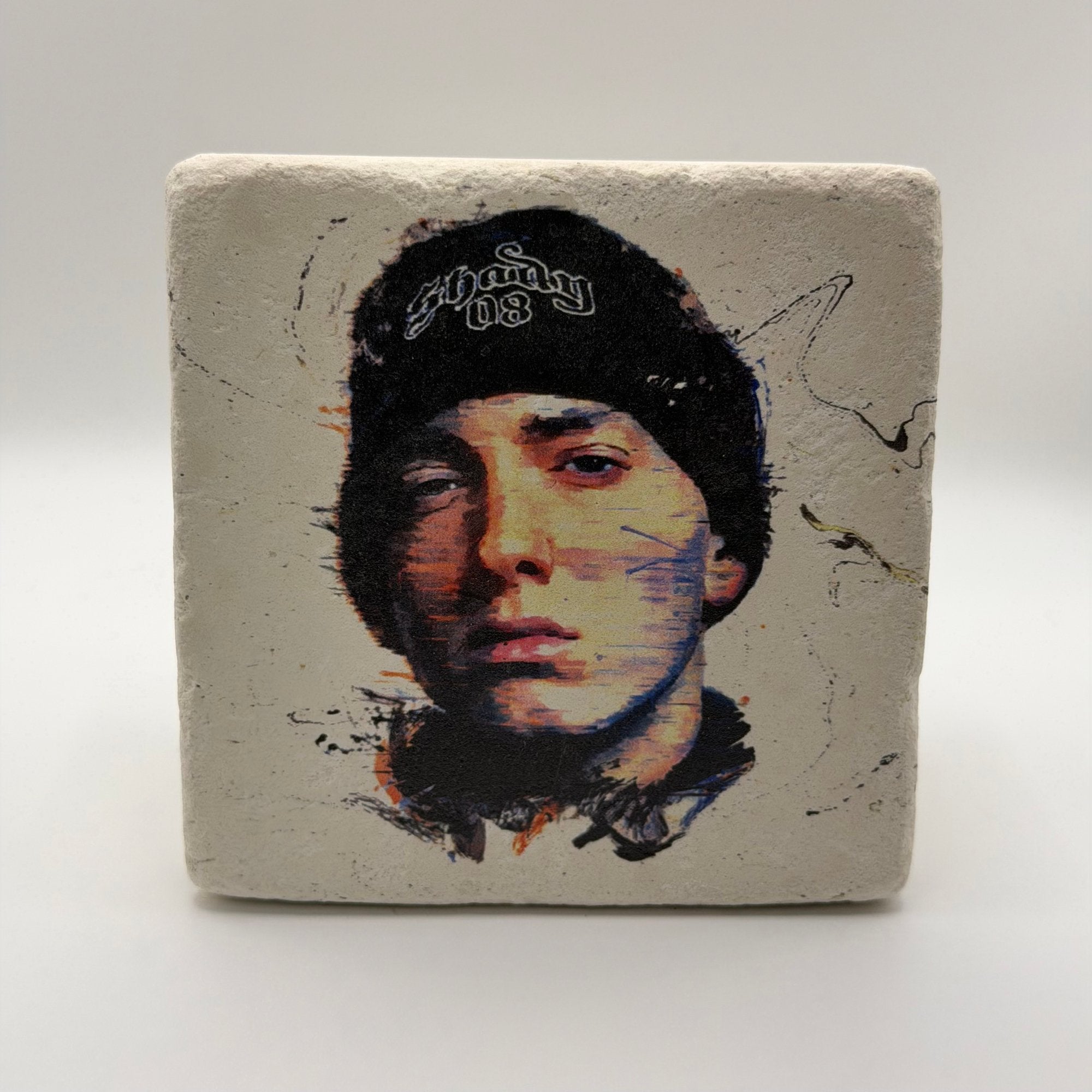 Eminem artwork printed on square travertine stone coaster
