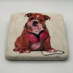 English Bulldog artwork printed on premium natural travertine stone coaster