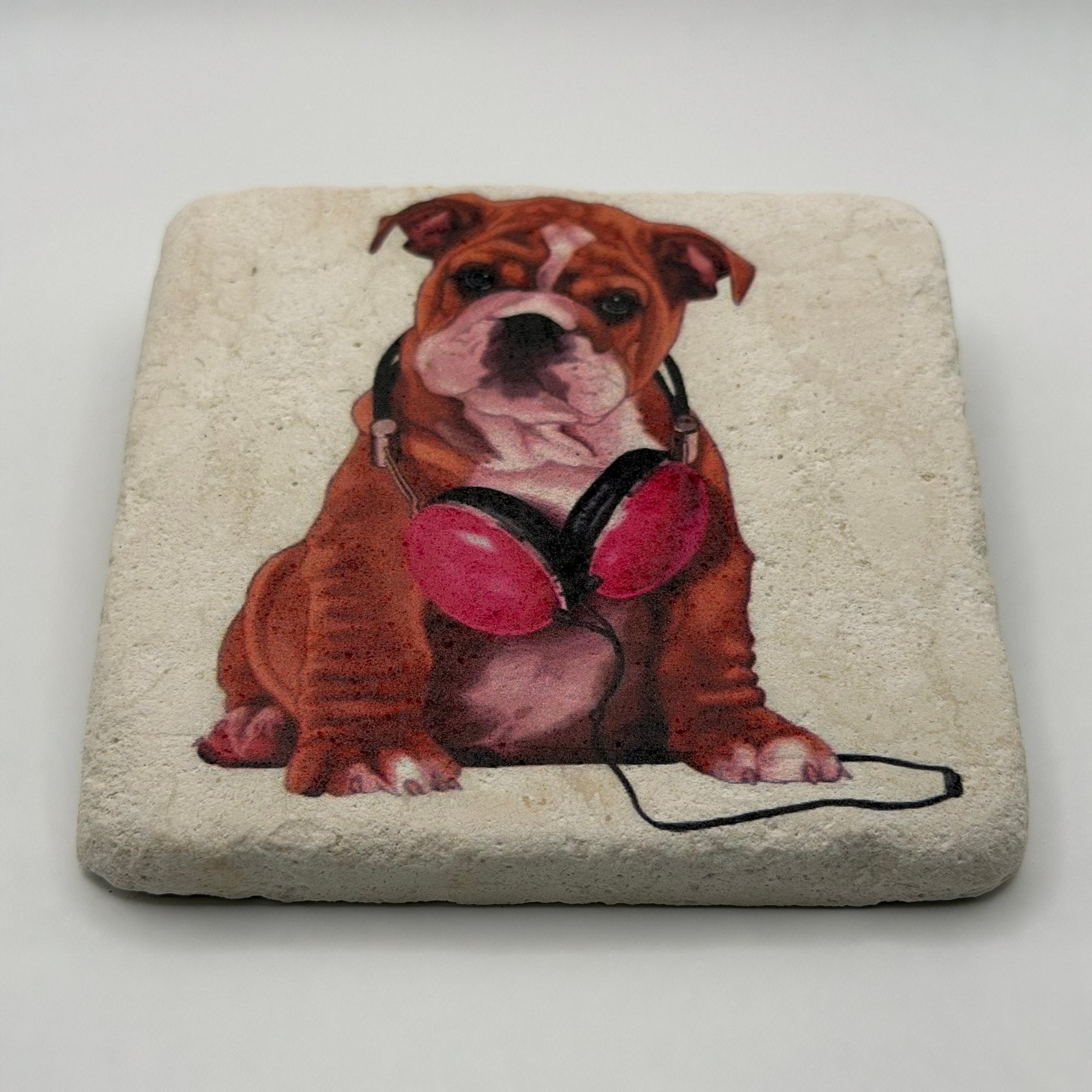 English Bulldog artwork printed on premium natural travertine stone coaster