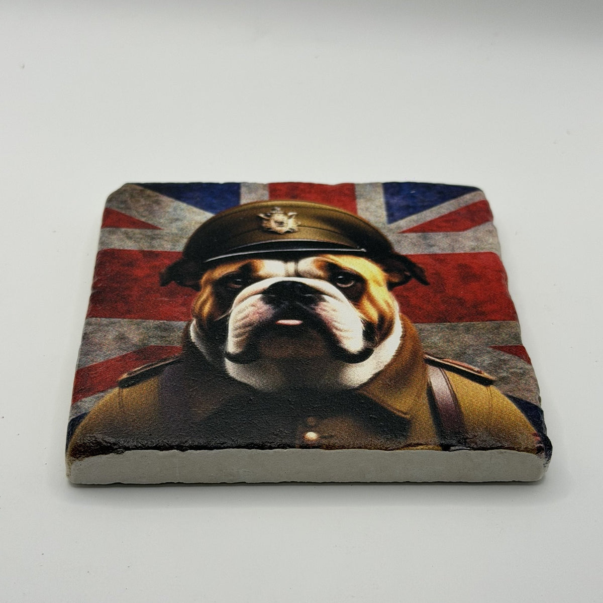 English Bulldog Natural Travertine Stone Coaster artwork
