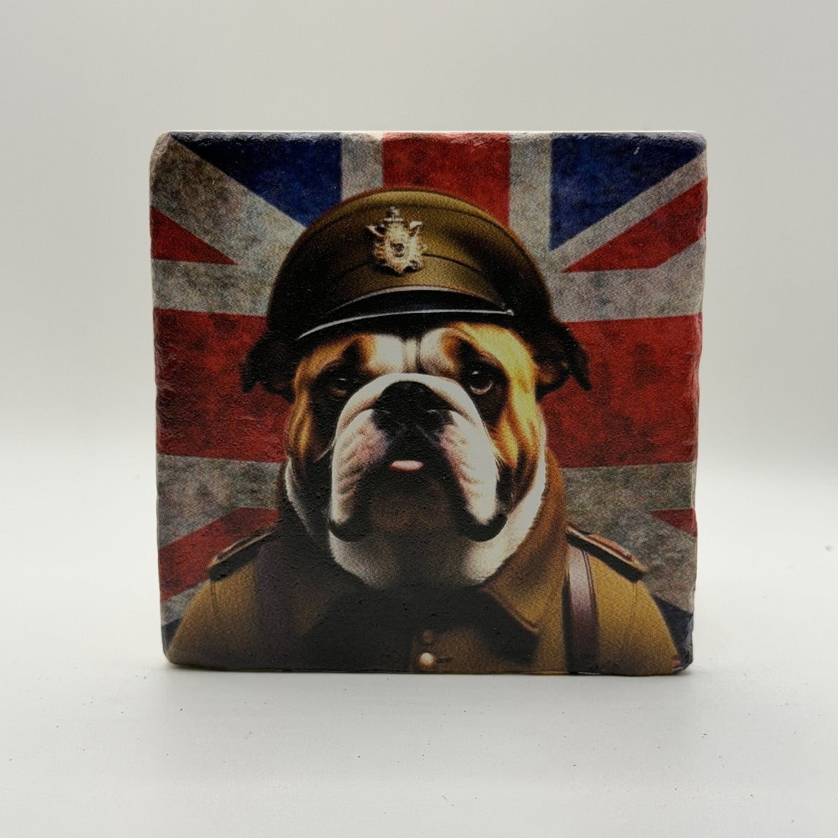 English Bulldog Natural Travertine Stone Coaster artwork