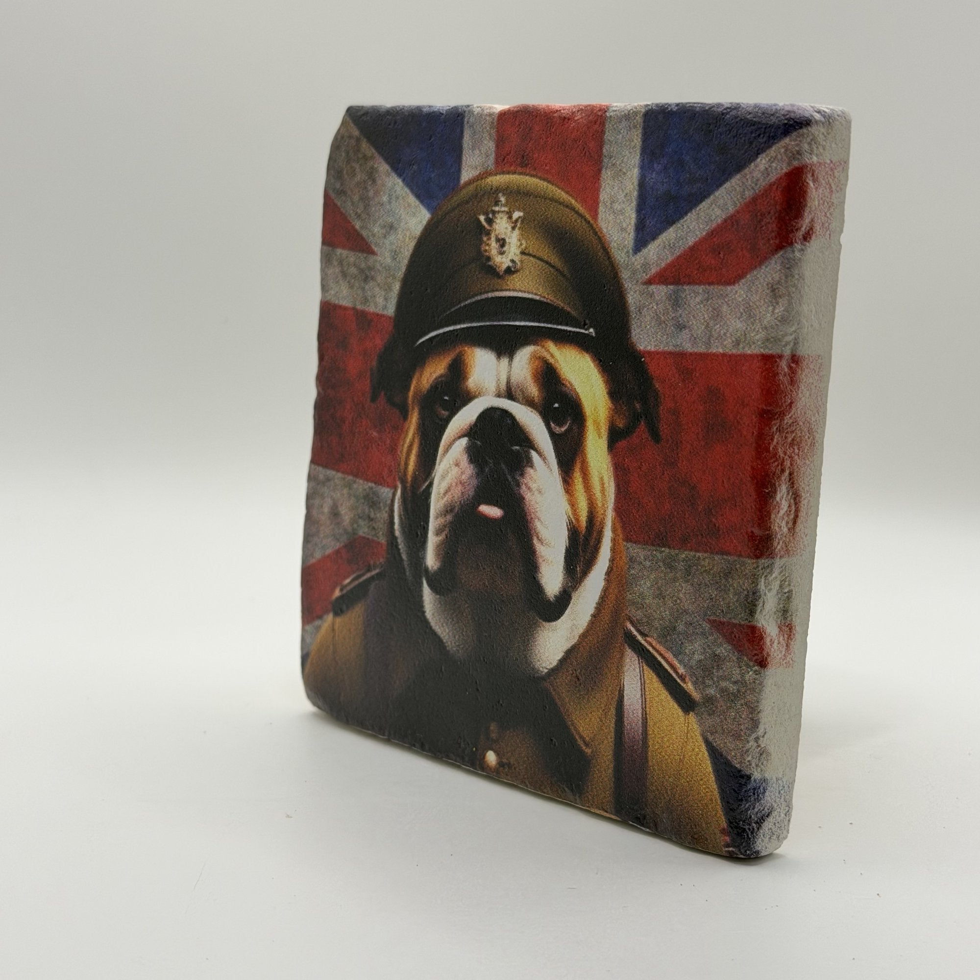 English Bulldog Natural Travertine Stone Coaster artwork