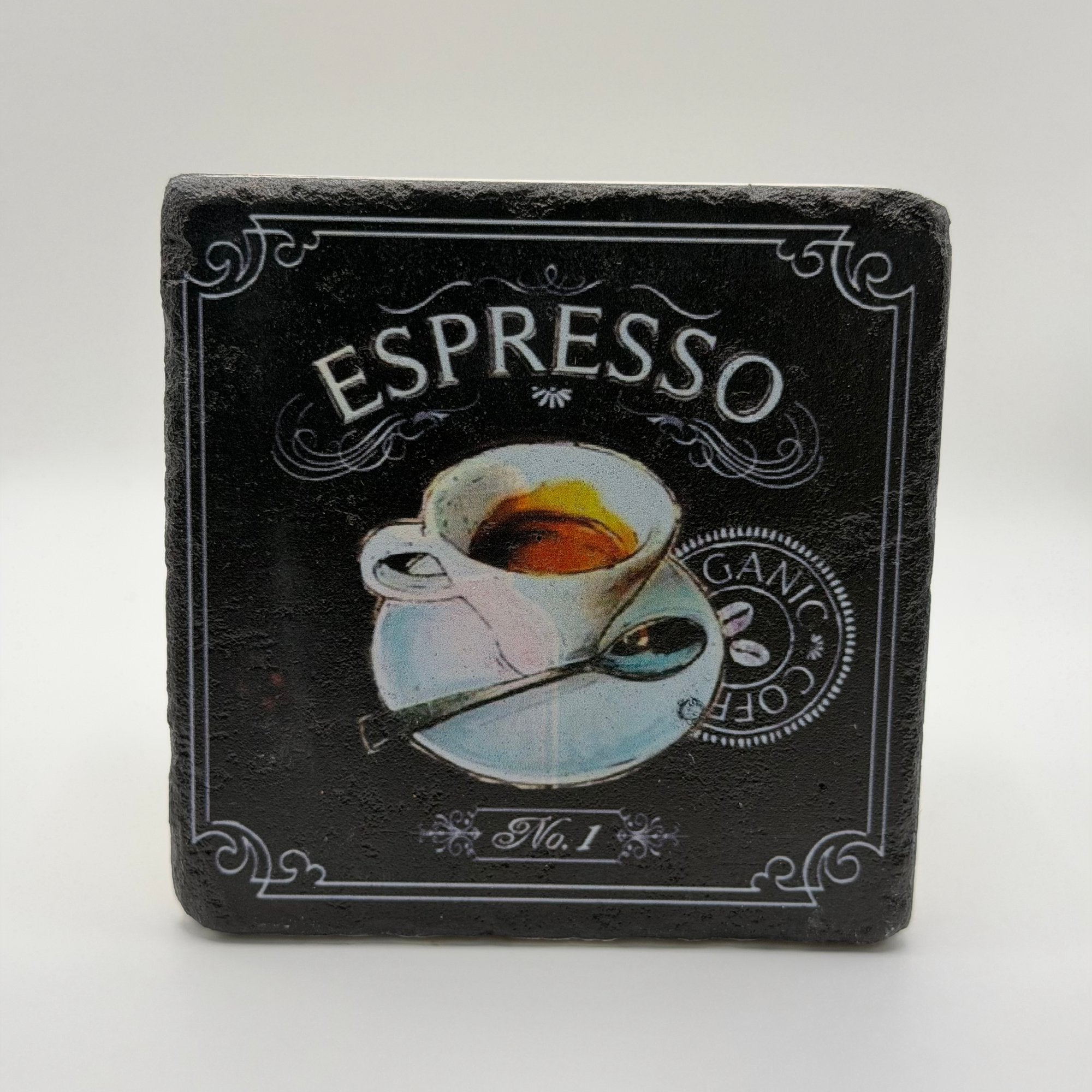 Vintage espresso artwork printed on square travertine stone coaster