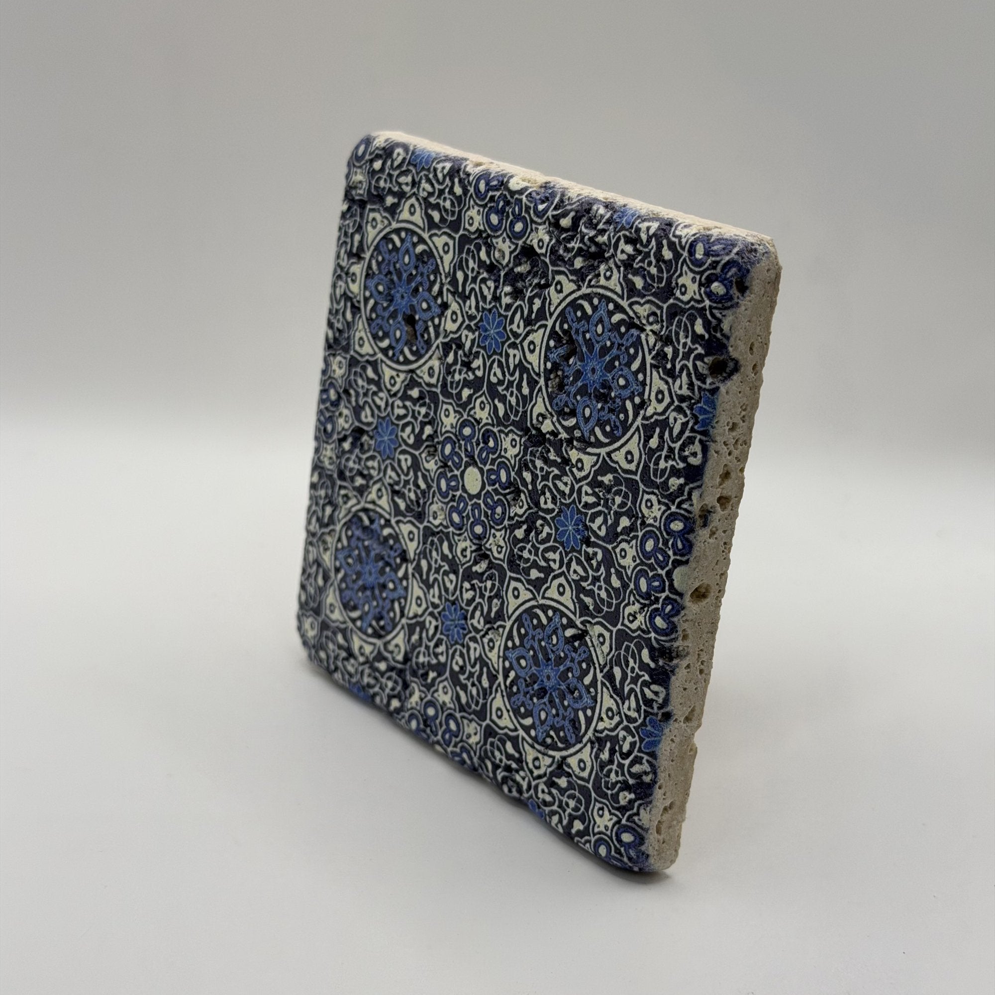Ethnics pattern number 07 printed on a natural travertine stone coaster