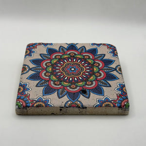Ethnics pattern number 38 printed on a natural travertine stone coaster