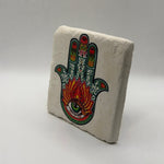 Green Fatima's Hand artwork printed on square travertine stone coaster