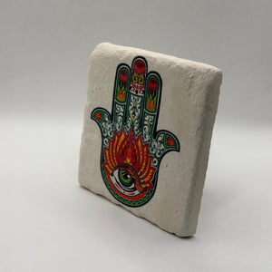 Green Fatima's Hand artwork printed on square travertine stone coaster