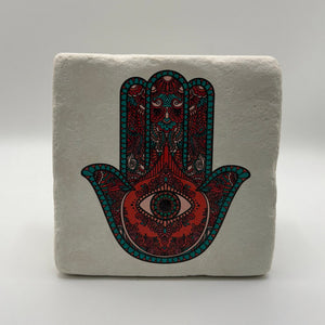 Green Fatima's Hand artwork printed on square travertine stone coaster