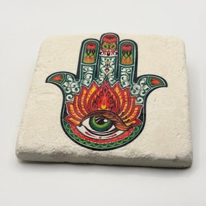 Fatima's Hand design printed on square travertine stone coaster