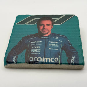 Fernando Alonso artwork printed on square travertine stone coaster