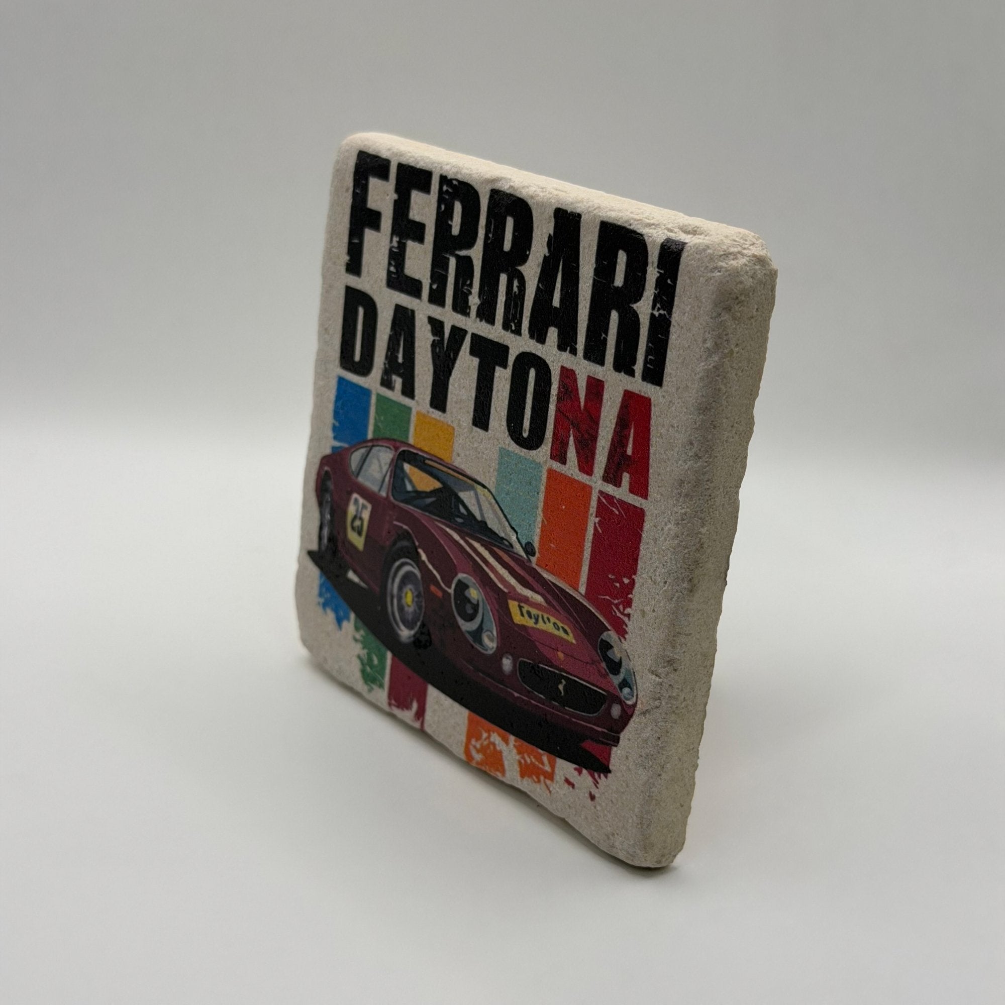 Classic Ferrari Daytona artwork printed on square travertine stone coaster
