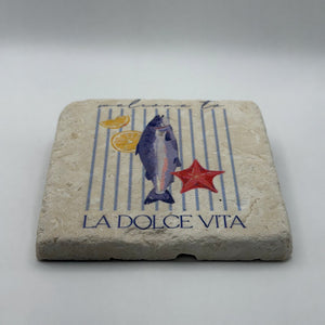 Fish illustration printed on square travertine stone coaster
