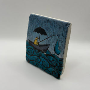 Fishing boat artwork printed on square travertine stone coaster