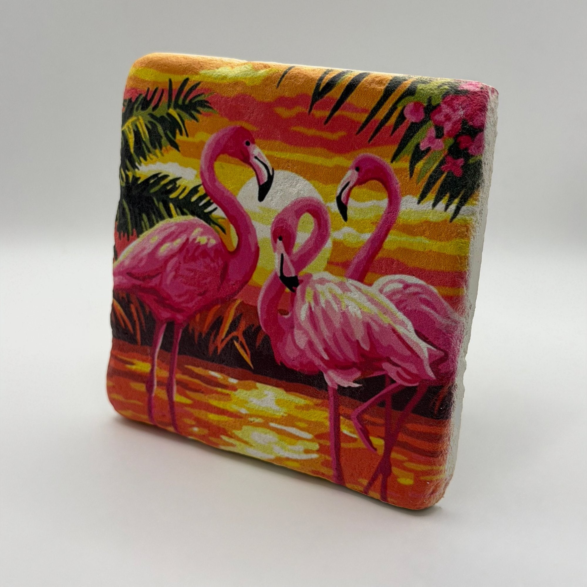 Delicate flamingo artwork printed on square travertine stone coaster