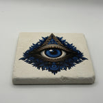 Floral Triangular Blue Eye Natural Travertine Stone Coaster premium artwork