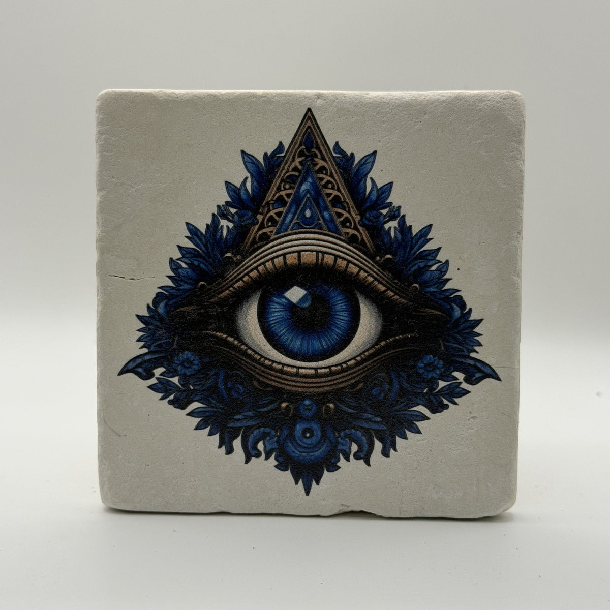 Floral Triangular Blue Eye Natural Travertine Stone Coaster premium artwork