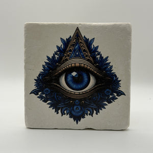Floral Triangular Blue Eye Natural Travertine Stone Coaster premium artwork