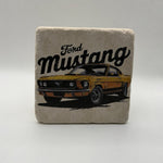 Classic Ford Mustang artwork printed on square travertine stone coaster