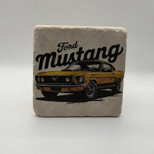 Classic Ford Mustang artwork printed on square travertine stone coaster