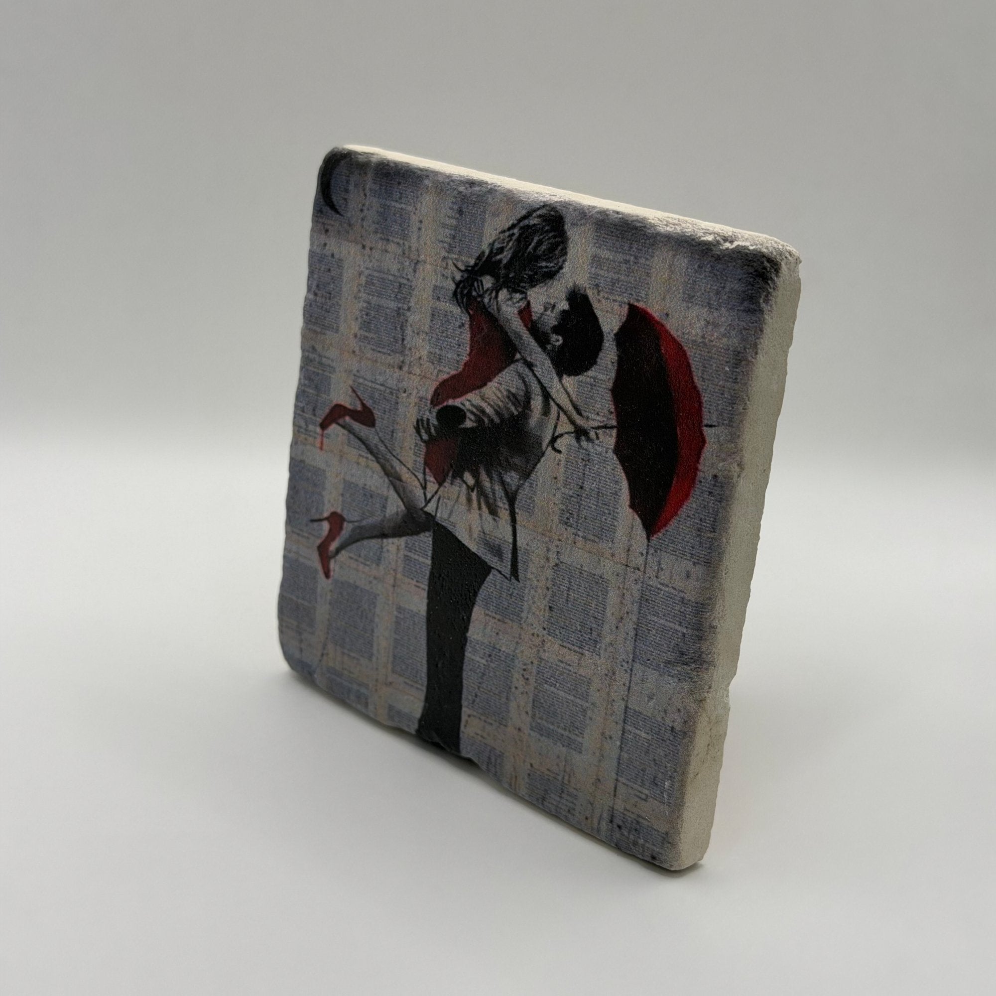 Forever Romantics quote printed on square natural travertine stone coaster