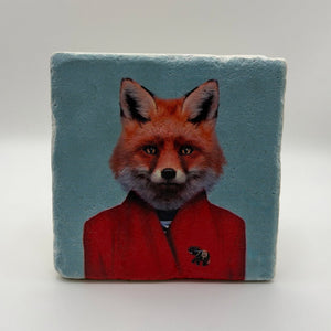 Cute fox portrait printed on square travertine stone coaster