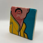 Freddie Mercury mustache artwork printed on square travertine stone coaster