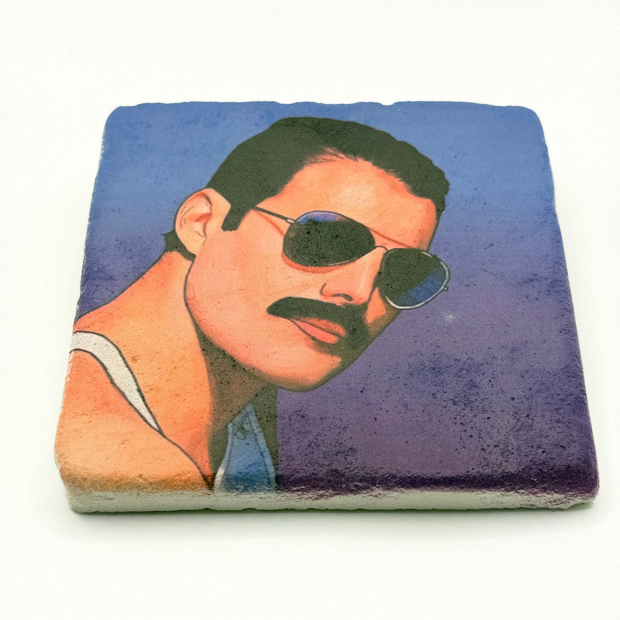 Freddie Mercury pop art artwork printed on square travertine stone coaster