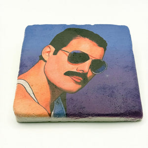 Freddie Mercury pop art artwork printed on square travertine stone coaster