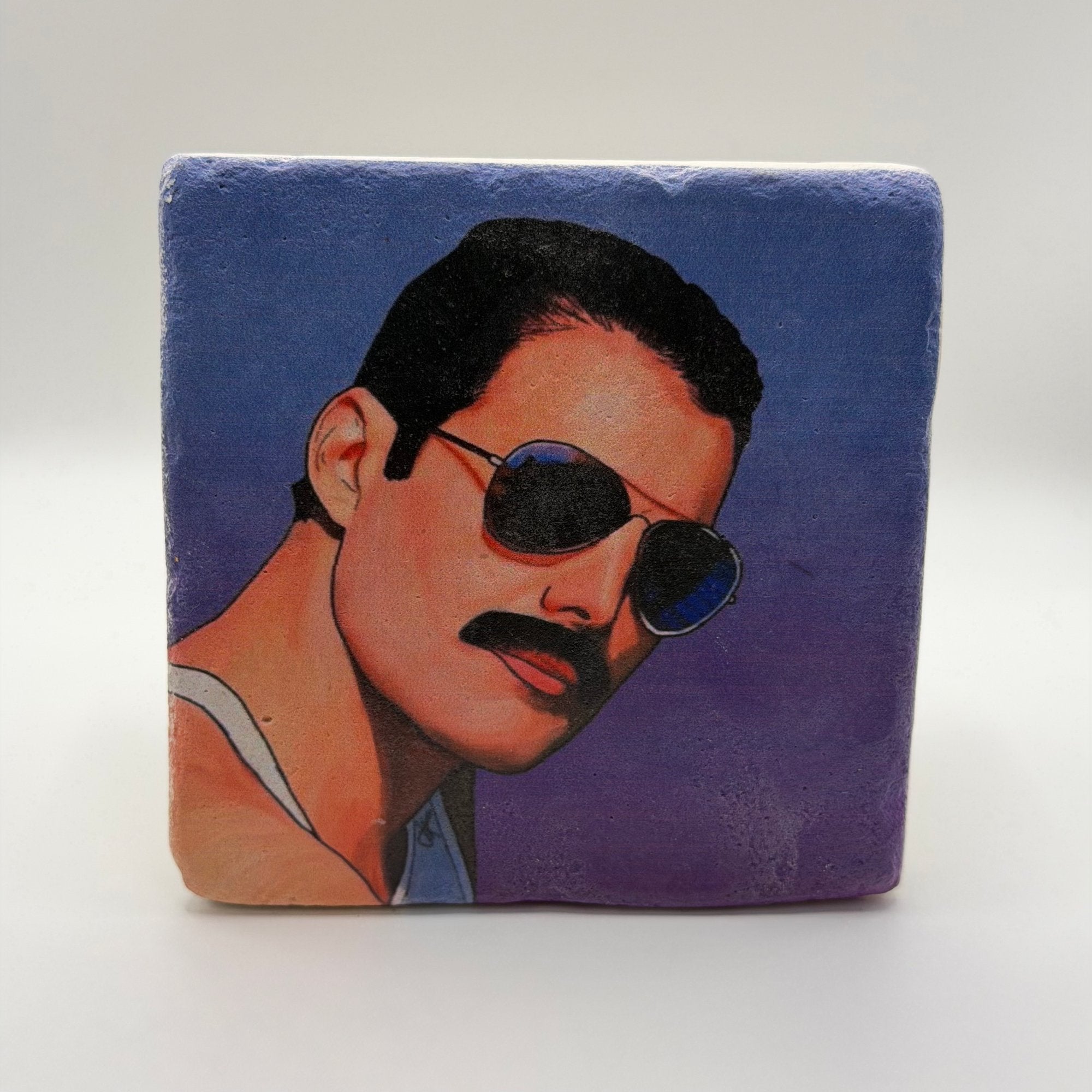 Freddie Mercury pop art artwork printed on square travertine stone coaster