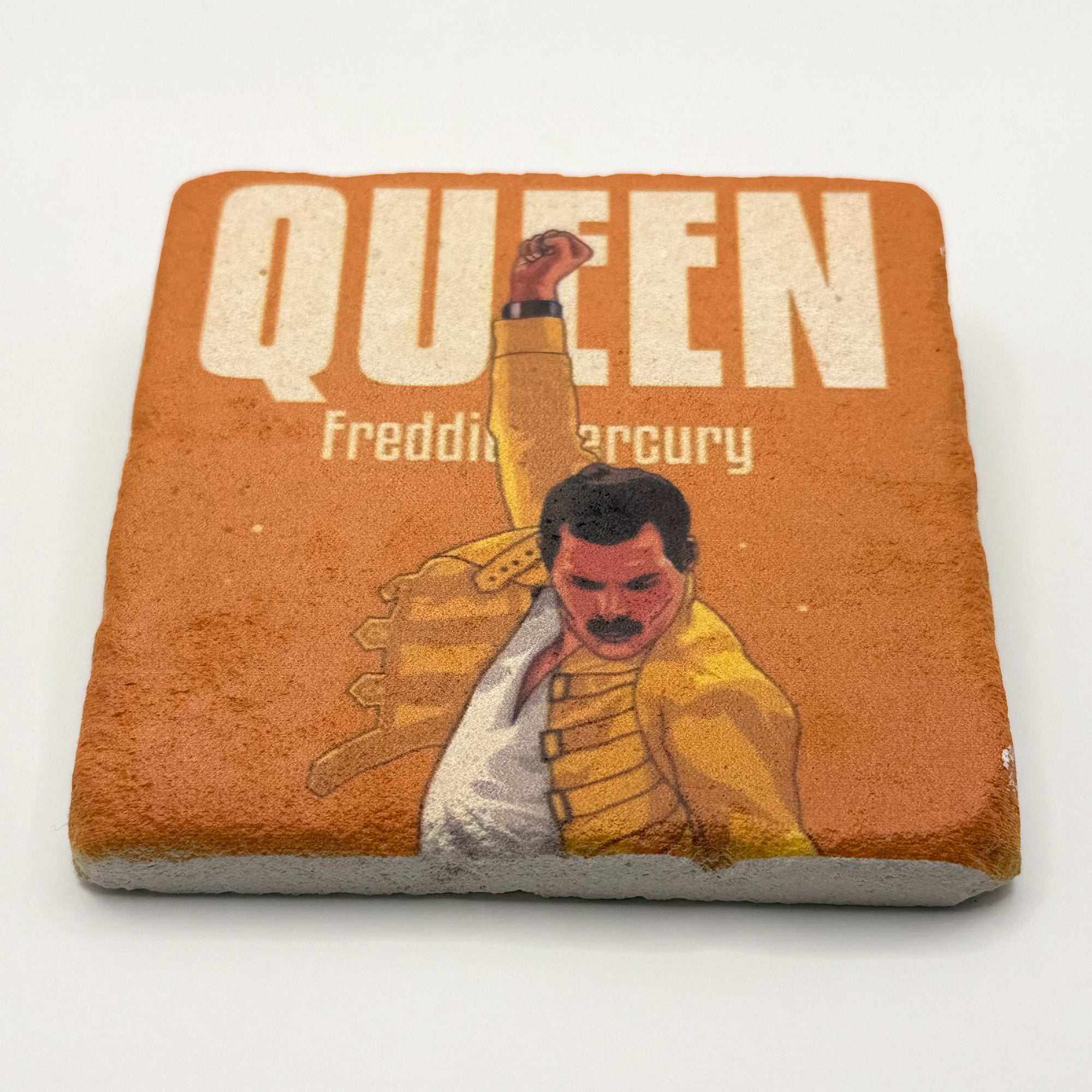 Freddie Mercury artwork printed on square travertine stone coaster
