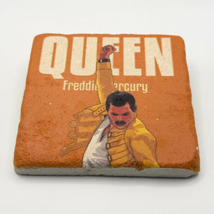Freddie Mercury artwork printed on square travertine stone coaster