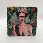 Frida Kahlo artwork printed on square travertine stone coaster