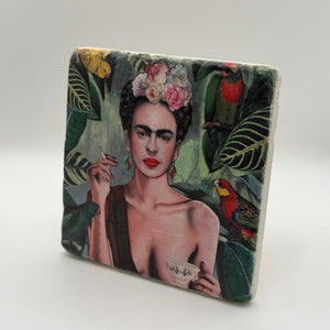 Frida Kahlo artwork printed on square travertine stone coaster