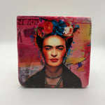 Vibrant Frida Kahlo artwork printed on square natural travertine stone coaster
