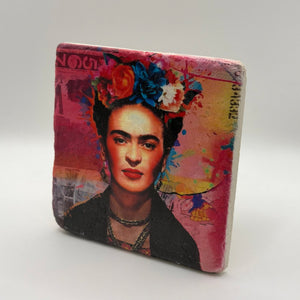Vibrant Frida Kahlo artwork printed on square natural travertine stone coaster